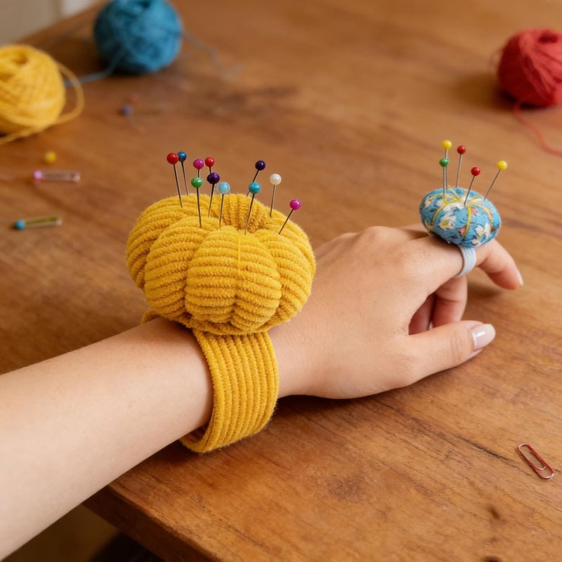 Memfish Store Wrist Pin Cushion Pincushions Needlework DIY Handcraft Needles Holder for Sewing and Quilting Pop Snap Ring with 1 Elastic Strap Finger Ring Pincushions Pumpkin Shaped - Image 4